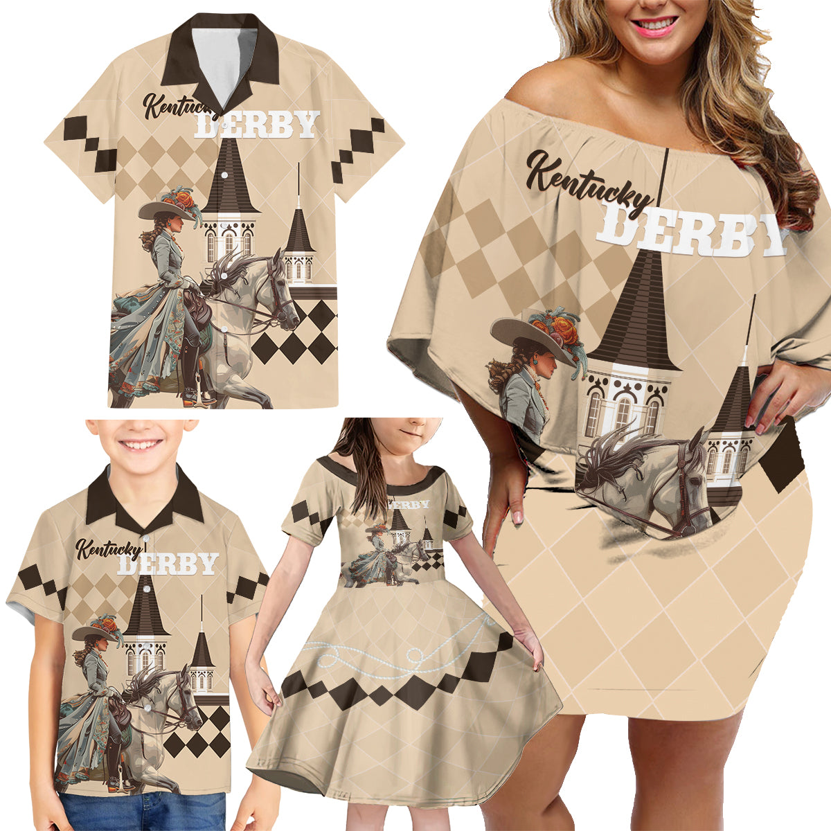 Personalized Kentucky Horse Racing Family Matching Off Shoulder Short Dress and Hawaiian Shirt Derby Lady Riding Horse Twin Spires - Wonder Print Shop