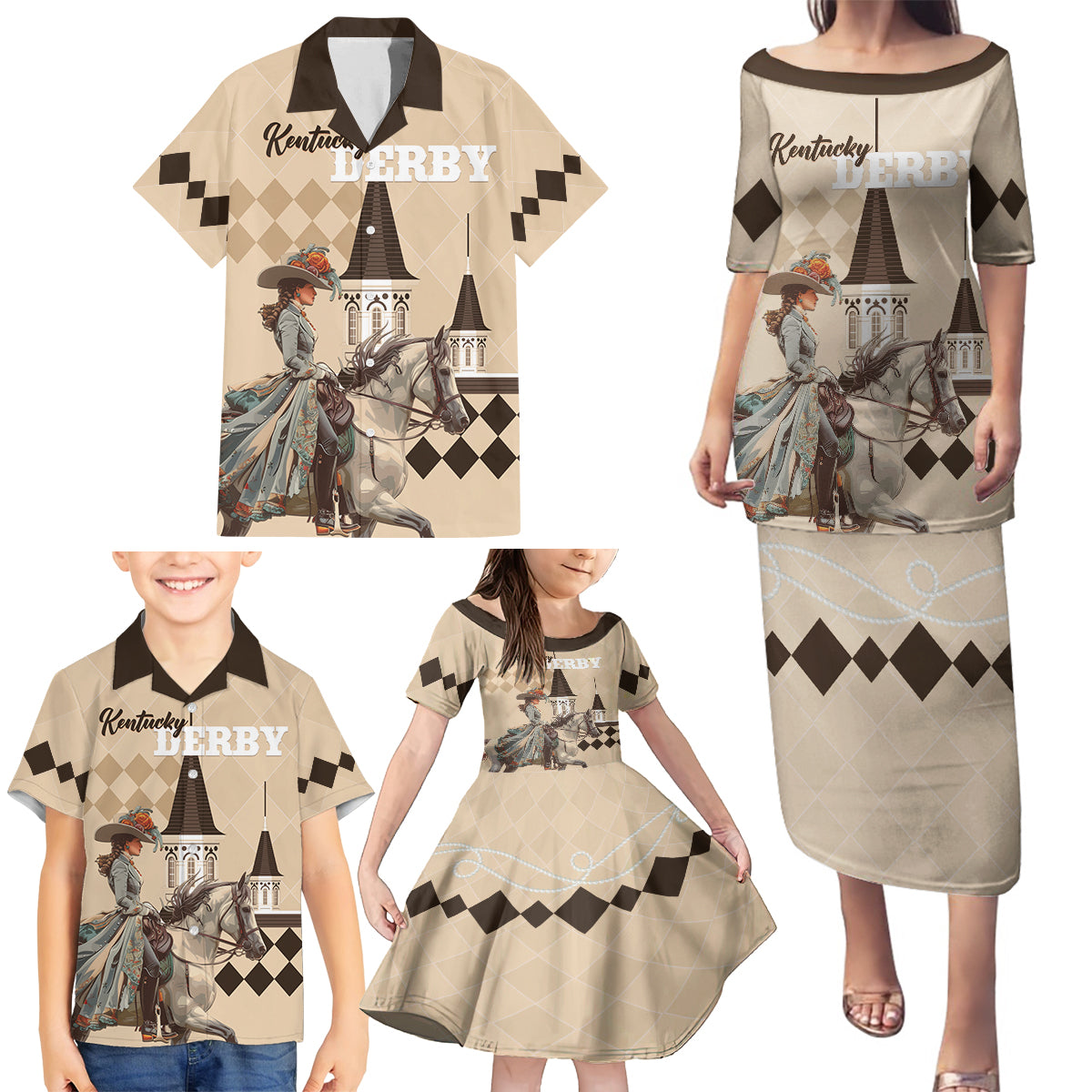 Personalized Kentucky Horse Racing Family Matching Puletasi and Hawaiian Shirt Derby Lady Riding Horse Twin Spires - Wonder Print Shop