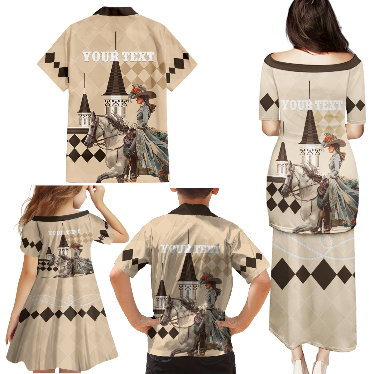 Personalized Kentucky Horse Racing Family Matching Puletasi and Hawaiian Shirt Derby Lady Riding Horse Twin Spires - Wonder Print Shop