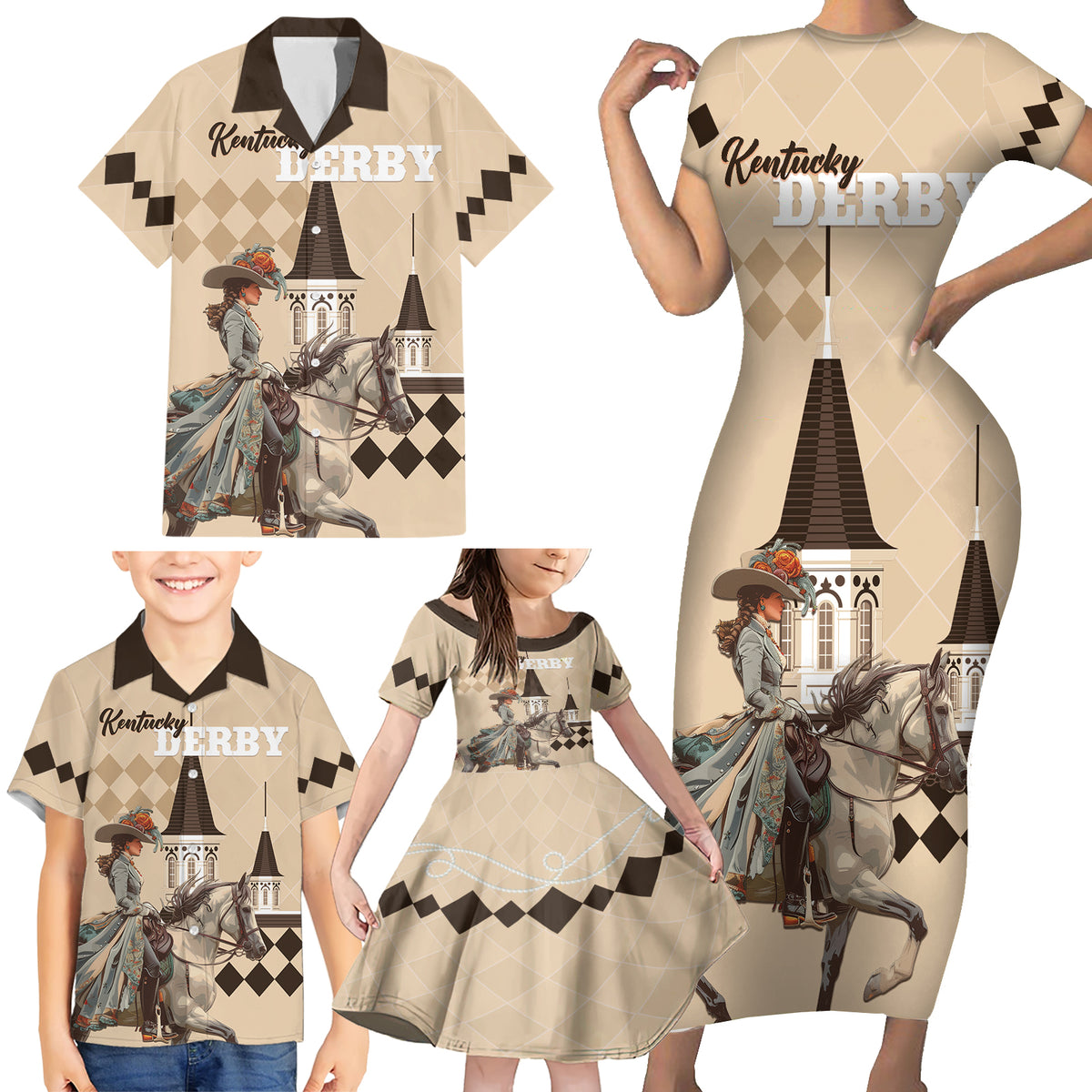 Personalized Kentucky Horse Racing Family Matching Short Sleeve Bodycon Dress and Hawaiian Shirt Derby Lady Riding Horse Twin Spires - Wonder Print Shop