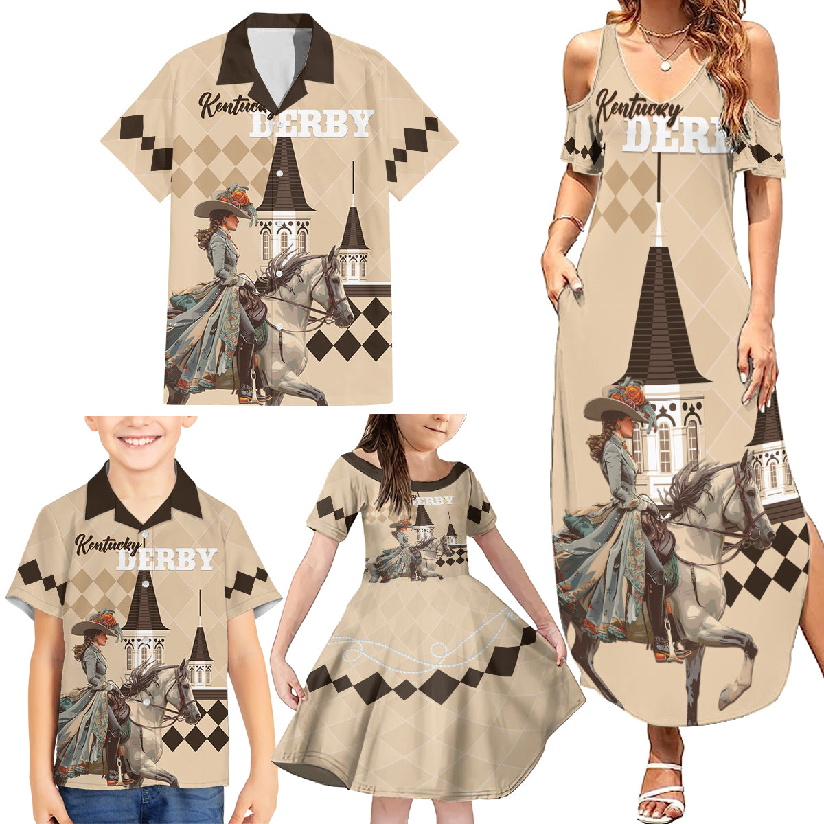 Personalized Kentucky Horse Racing Family Matching Summer Maxi Dress and Hawaiian Shirt Derby Lady Riding Horse Twin Spires - Wonder Print Shop
