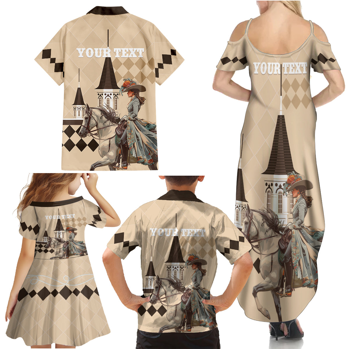 Personalized Kentucky Horse Racing Family Matching Summer Maxi Dress and Hawaiian Shirt Derby Lady Riding Horse Twin Spires - Wonder Print Shop