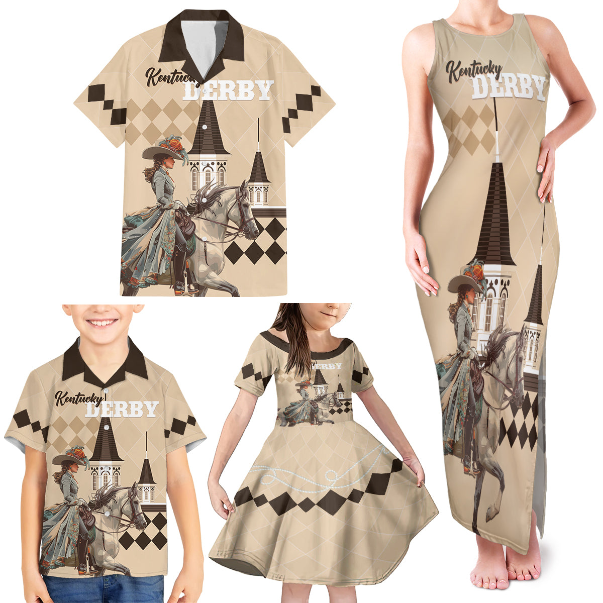 Personalized Kentucky Horse Racing Family Matching Tank Maxi Dress and Hawaiian Shirt Derby Lady Riding Horse Twin Spires - Wonder Print Shop