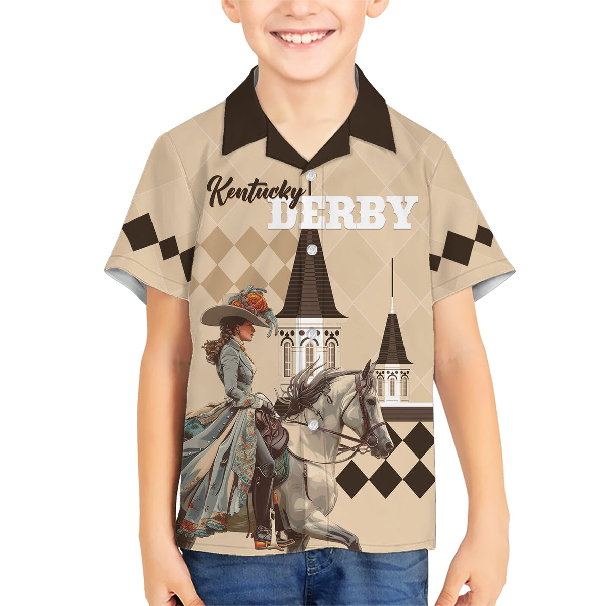 Personalized Kentucky Horse Racing Kid Hawaiian Shirt Derby Lady Riding Horse Twin Spires - Wonder Print Shop