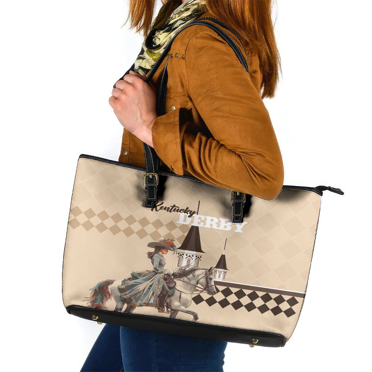 Kentucky Horse Racing Leather Tote Bag Derby Lady Riding Horse Twin Spires - Wonder Print Shop