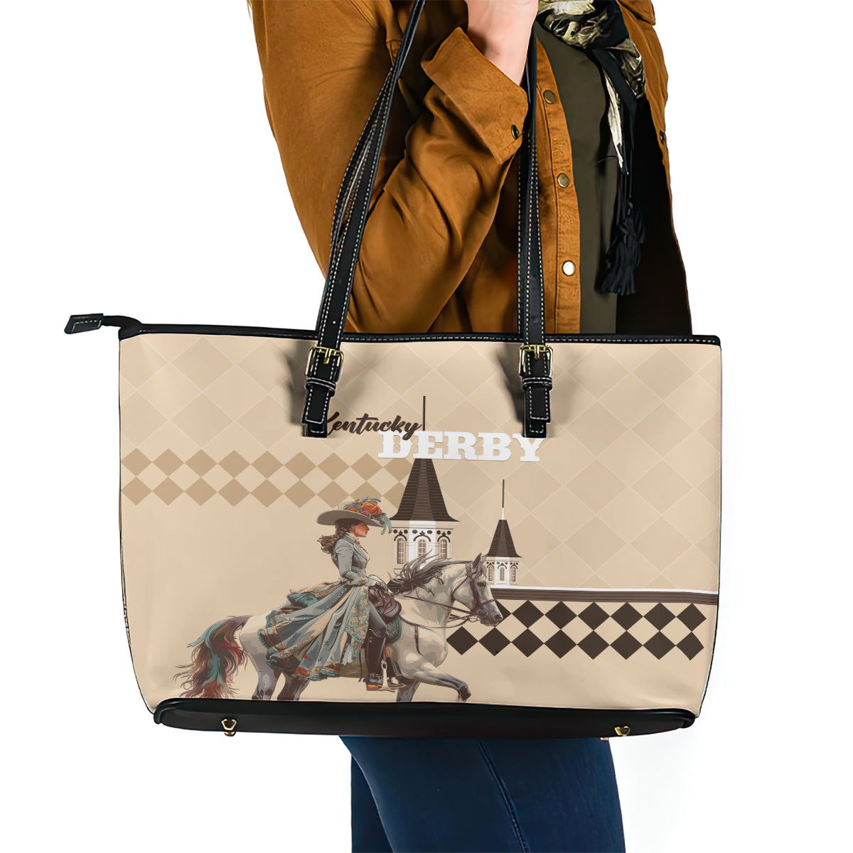 Kentucky Horse Racing Leather Tote Bag Derby Lady Riding Horse Twin Spires - Wonder Print Shop