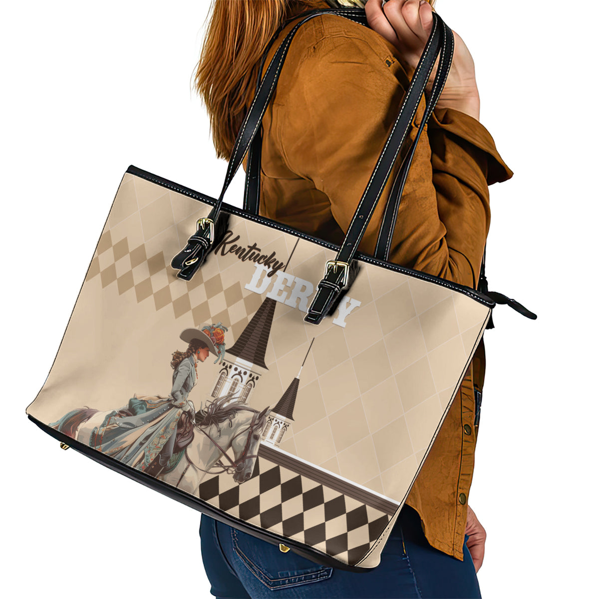Kentucky Horse Racing Leather Tote Bag Derby Lady Riding Horse Twin Spires - Wonder Print Shop