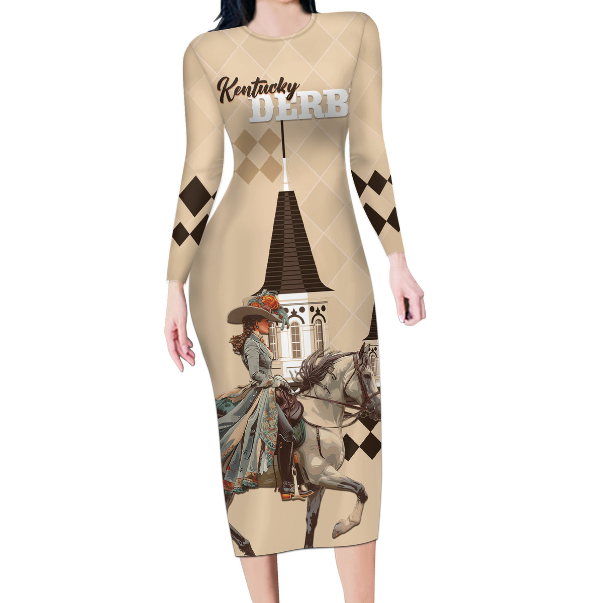 Personalized Kentucky Horse Racing Long Sleeve Bodycon Dress Derby Lady Riding Horse Twin Spires - Wonder Print Shop