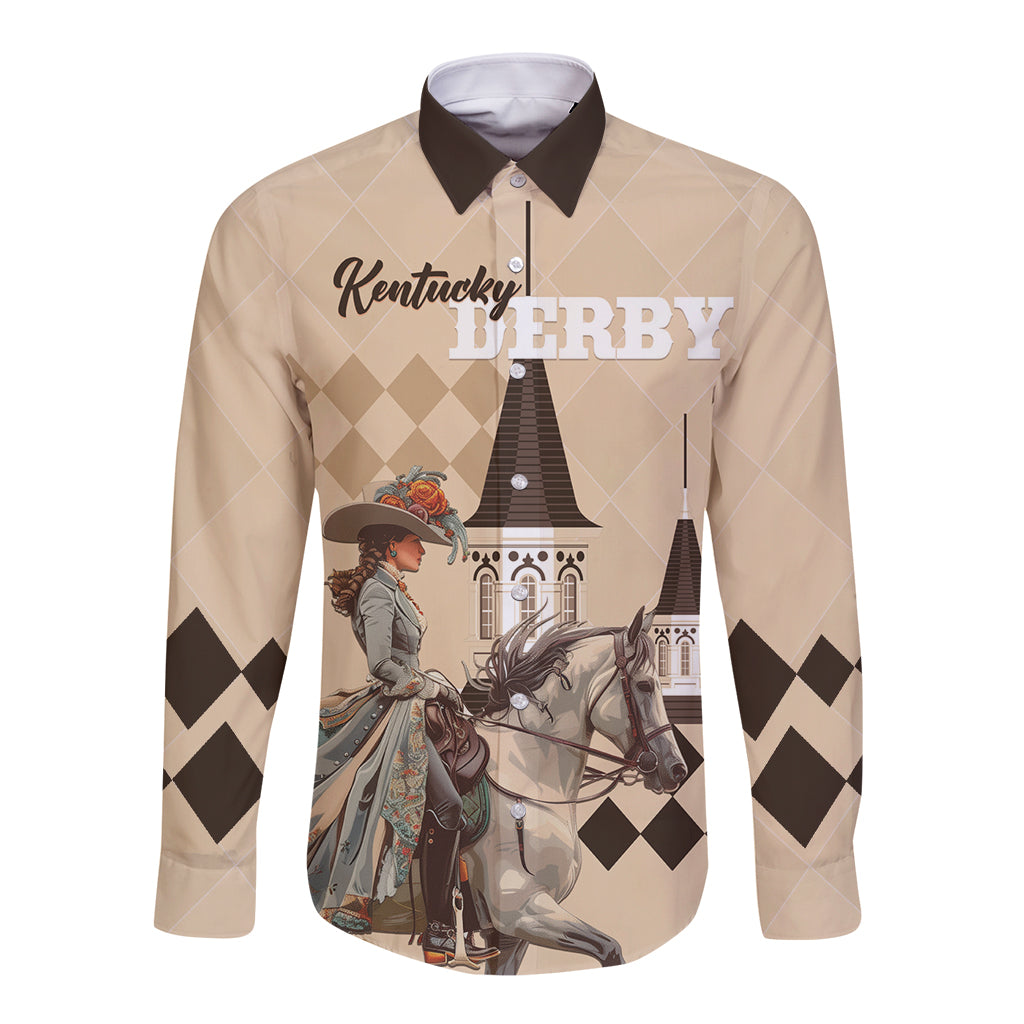 Personalized Kentucky Horse Racing Long Sleeve Button Shirt Derby Lady Riding Horse Twin Spires - Wonder Print Shop