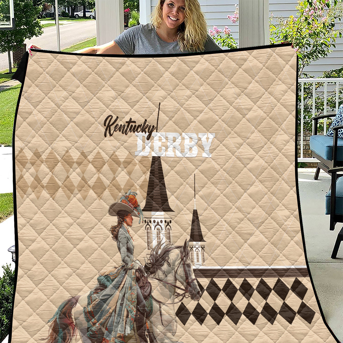 Kentucky Horse Racing Quilt Derby Lady Riding Horse Twin Spires - Wonder Print Shop