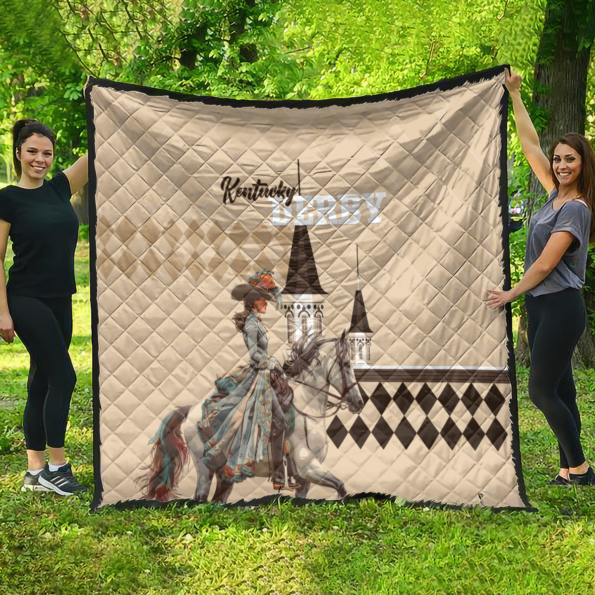 Kentucky Horse Racing Quilt Derby Lady Riding Horse Twin Spires - Wonder Print Shop