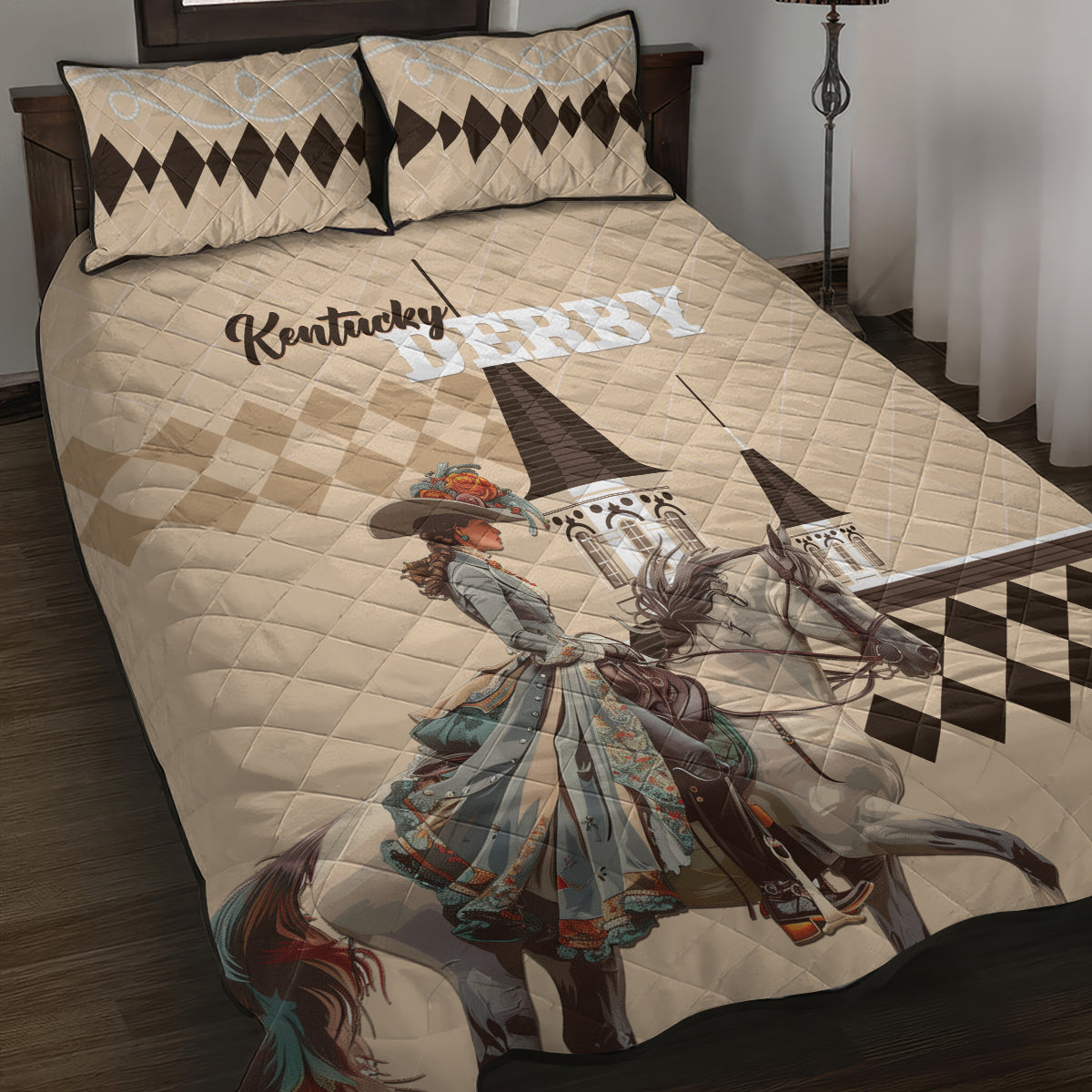 Kentucky Horse Racing Quilt Bed Set Derby Lady Riding Horse Twin Spires