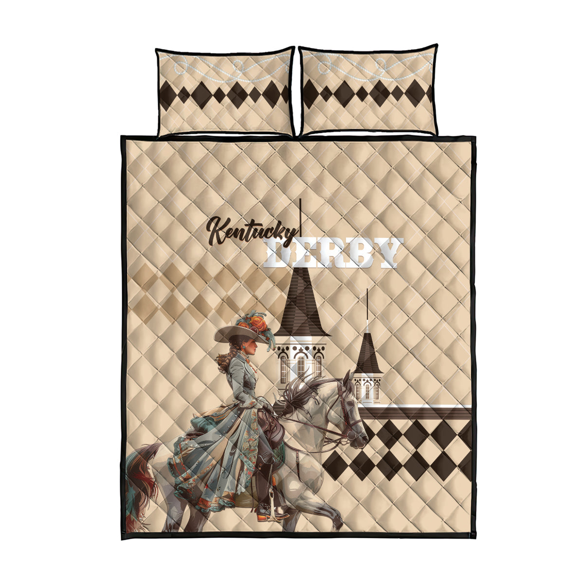 Kentucky Horse Racing Quilt Bed Set Derby Lady Riding Horse Twin Spires - Wonder Print Shop