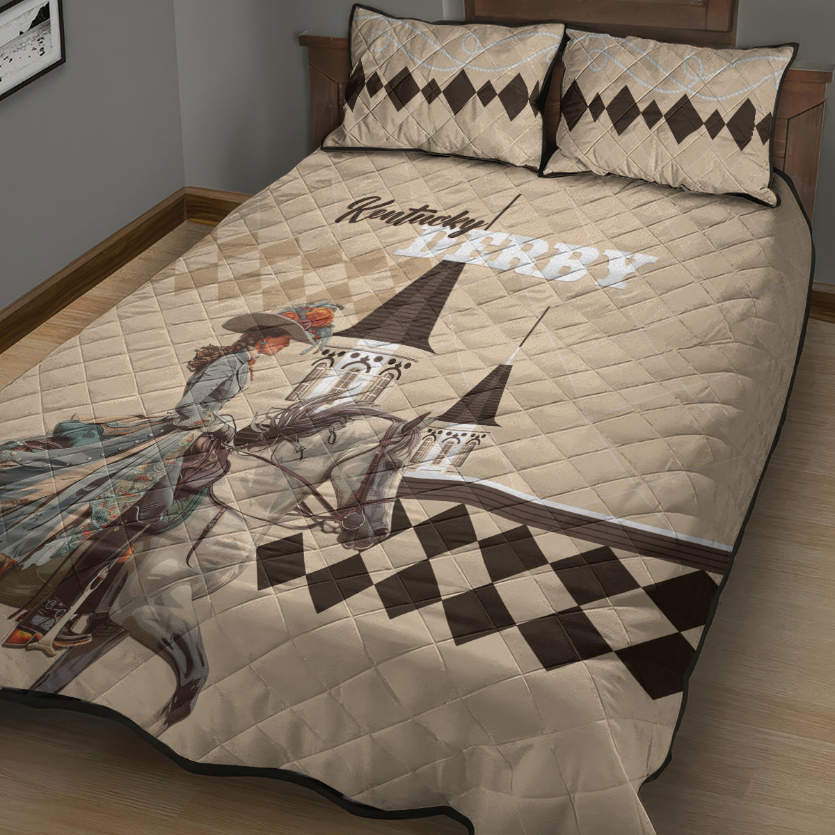 Kentucky Horse Racing Quilt Bed Set Derby Lady Riding Horse Twin Spires - Wonder Print Shop