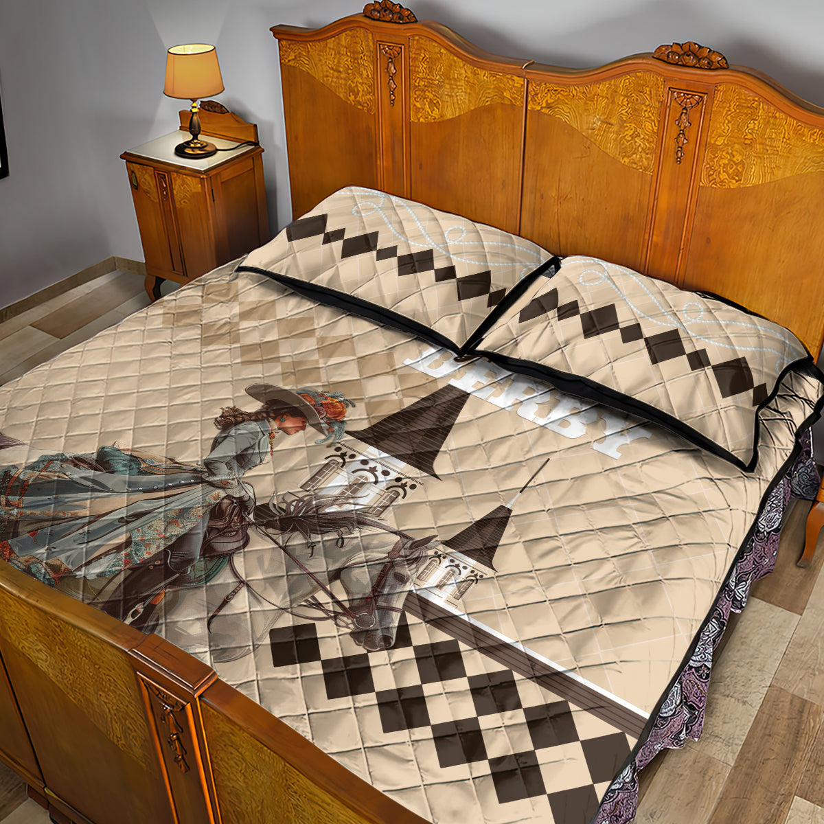 Kentucky Horse Racing Quilt Bed Set Derby Lady Riding Horse Twin Spires - Wonder Print Shop