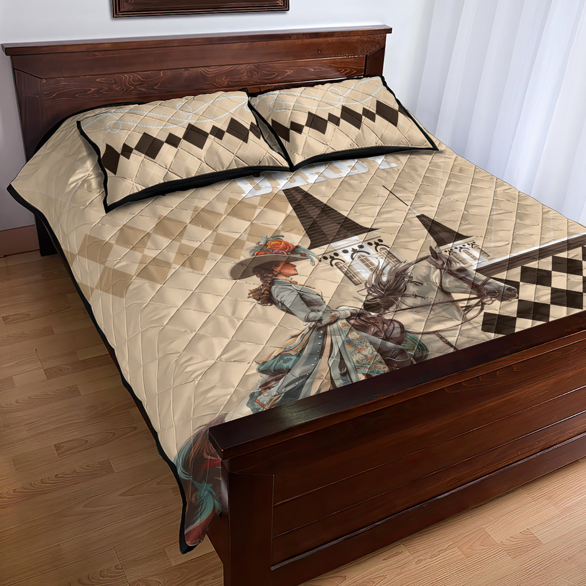 Kentucky Horse Racing Quilt Bed Set Derby Lady Riding Horse Twin Spires - Wonder Print Shop
