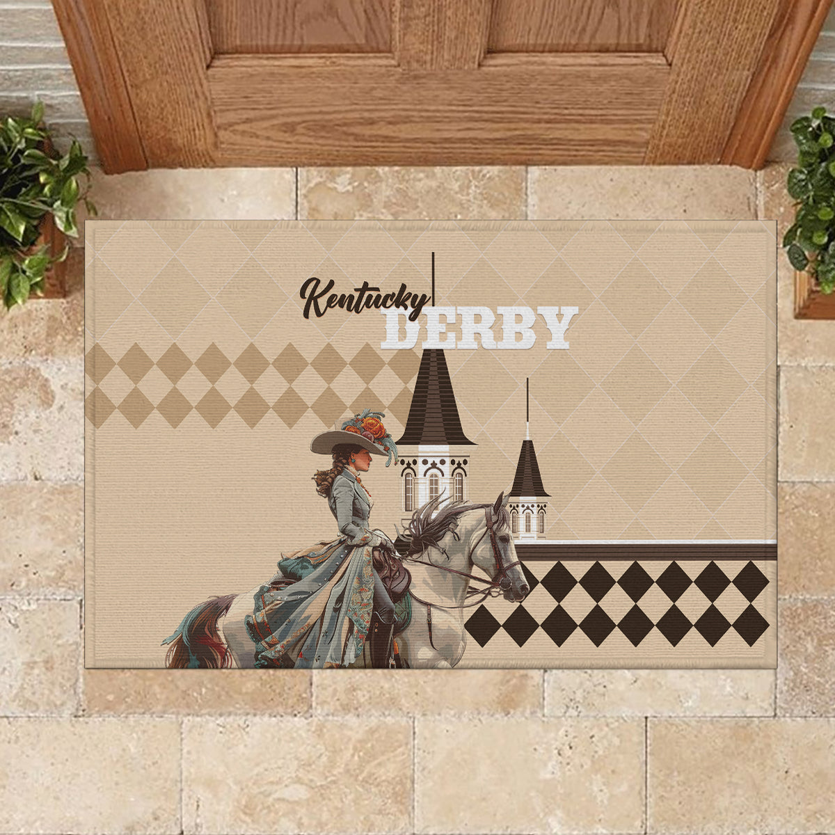 Kentucky Horse Racing Rubber Doormat Derby Lady Riding Horse Twin Spires - Wonder Print Shop