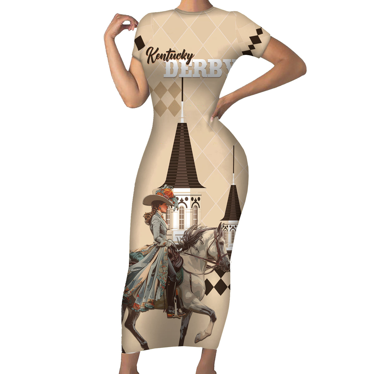 Personalized Kentucky Horse Racing Short Sleeve Bodycon Dress Derby Lady Riding Horse Twin Spires - Wonder Print Shop