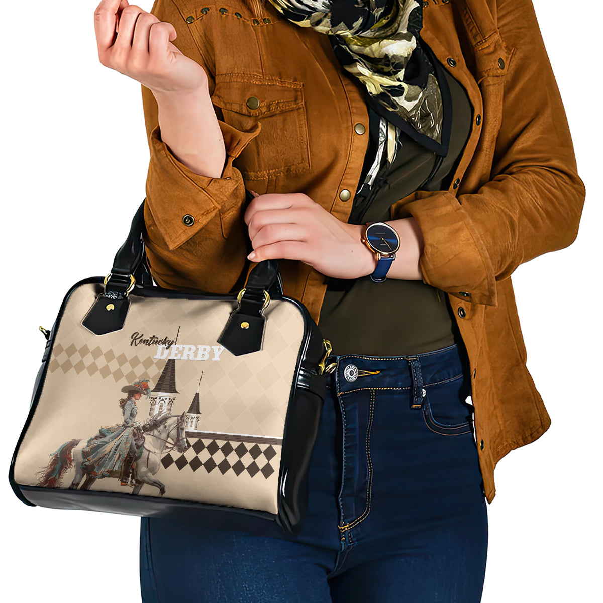 Kentucky Horse Racing Shoulder Handbag Derby Lady Riding Horse Twin Spires