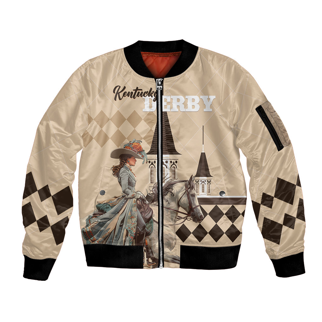 Personalized Kentucky Horse Racing Sleeve Zip Bomber Jacket Derby Lady Riding Horse Twin Spires - Wonder Print Shop