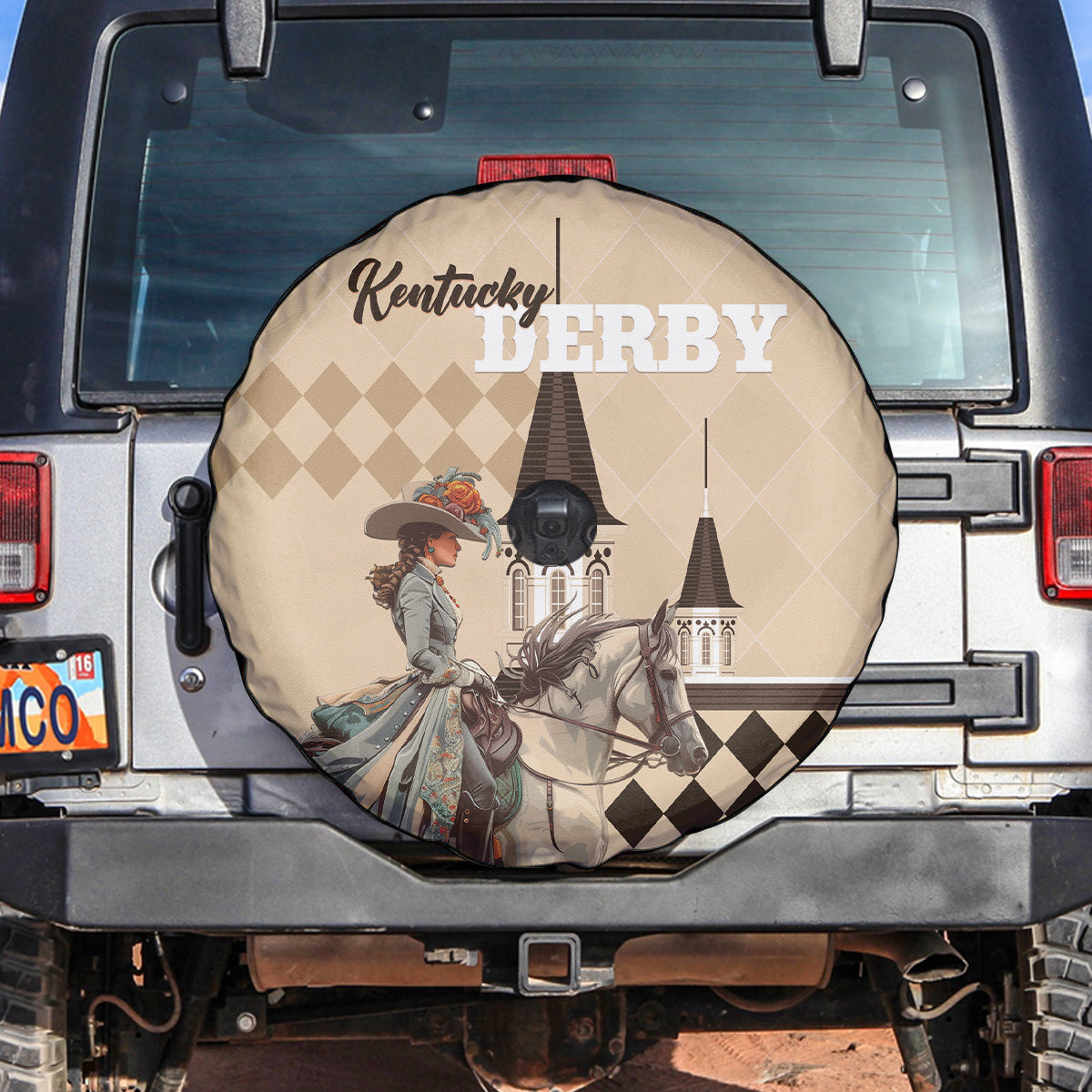 Kentucky Horse Racing Spare Tire Cover Derby Lady Riding Horse Twin Spires