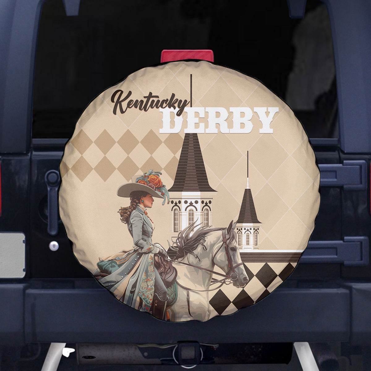 Kentucky Horse Racing Spare Tire Cover Derby Lady Riding Horse Twin Spires - Wonder Print Shop