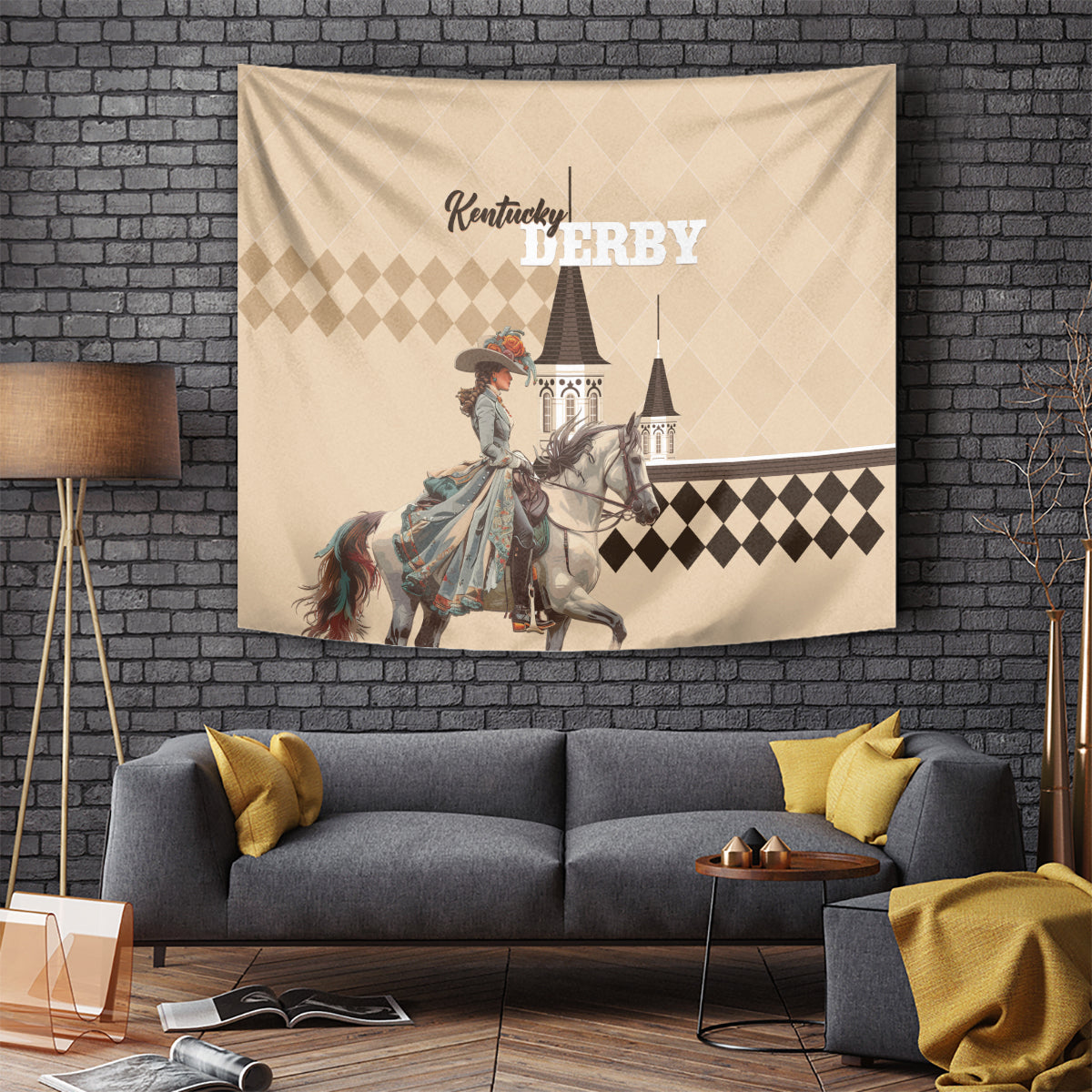 Kentucky Horse Racing Tapestry Derby Lady Riding Horse Twin Spires - Wonder Print Shop