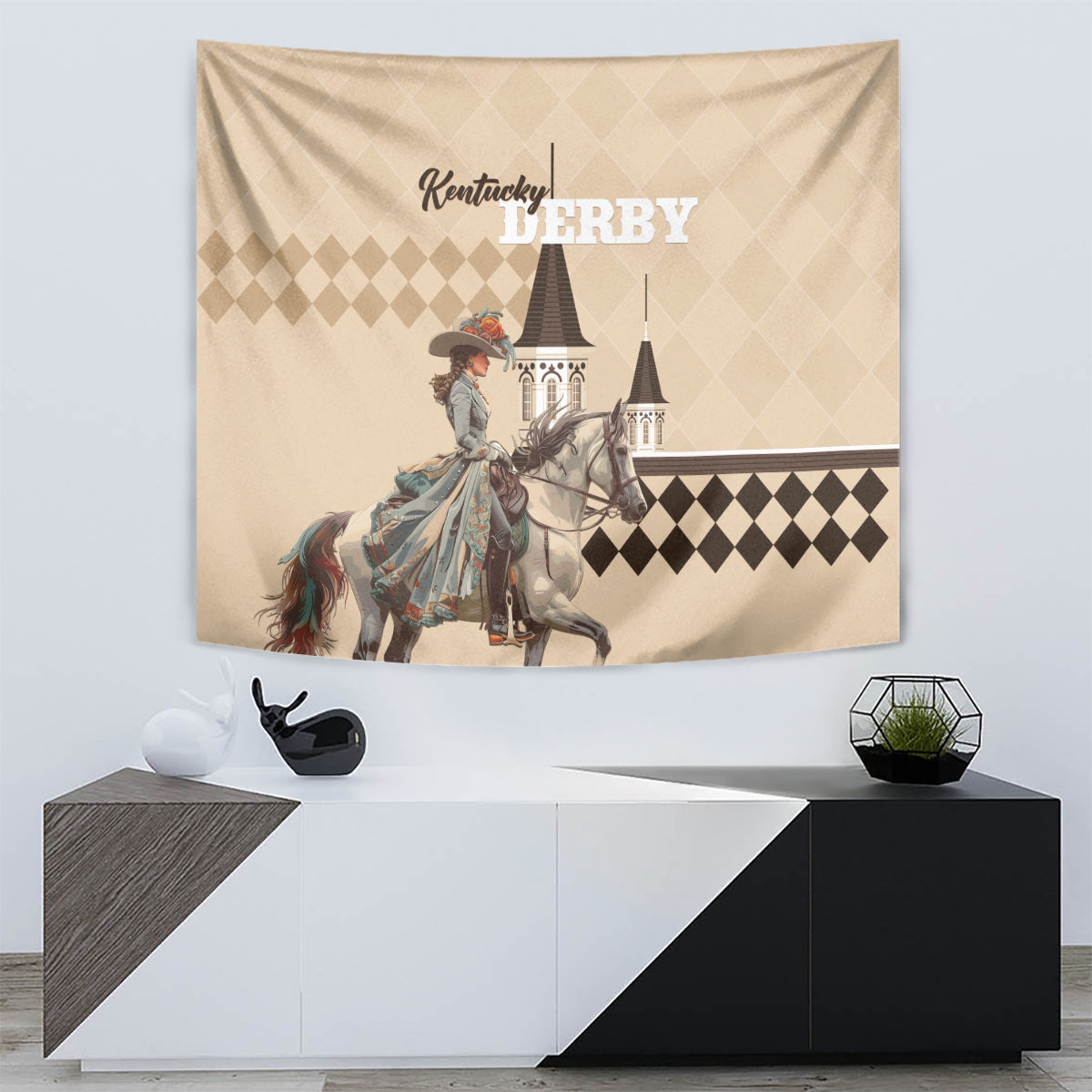 Kentucky Horse Racing Tapestry Derby Lady Riding Horse Twin Spires - Wonder Print Shop