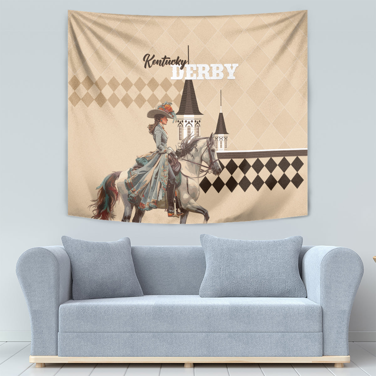 Kentucky Horse Racing Tapestry Derby Lady Riding Horse Twin Spires - Wonder Print Shop