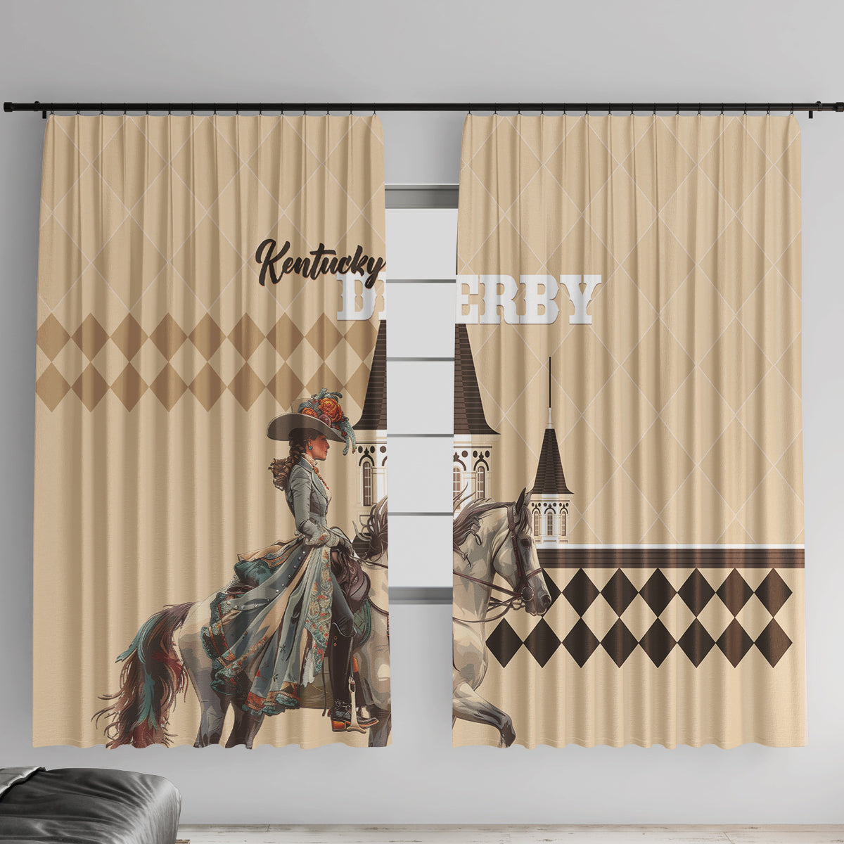 Kentucky Horse Racing Window Curtain Derby Lady Riding Horse Twin Spires - Wonder Print Shop