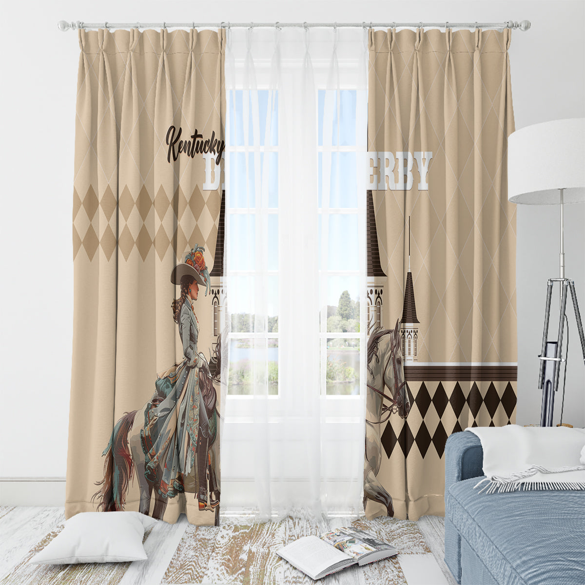 Kentucky Horse Racing Window Curtain Derby Lady Riding Horse Twin Spires - Wonder Print Shop