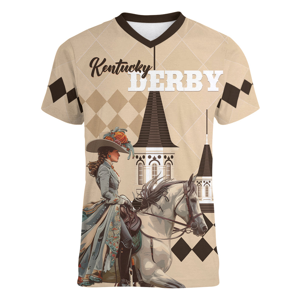 Personalized Kentucky Horse Racing Women V-Neck T-Shirt Derby Lady Riding Horse Twin Spires - Wonder Print Shop