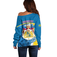 Sweden Off Shoulder Sweater Swedish Lion With Coat Of Arms - Wonder Print Shop