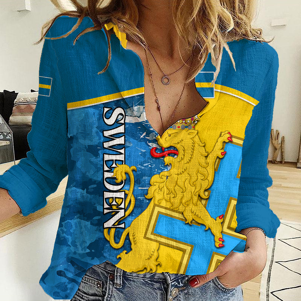 Sweden Women Casual Shirt Swedish Lion With Coat Of Arms - Wonder Print Shop