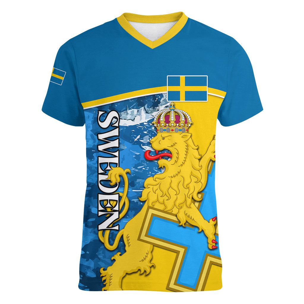 Sweden Women V Neck T Shirt Swedish Lion With Coat Of Arms - Wonder Print Shop