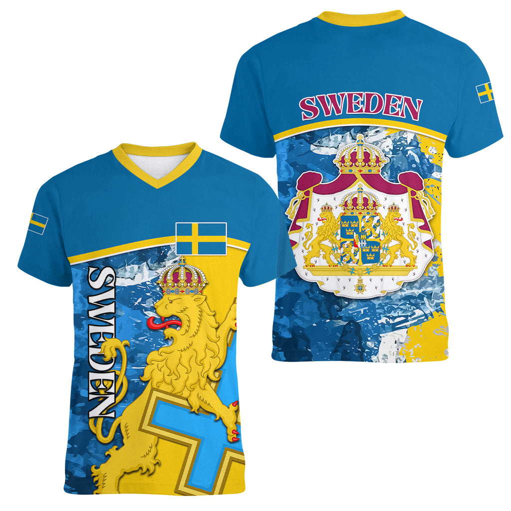 Sweden Women V Neck T Shirt Swedish Lion With Coat Of Arms - Wonder Print Shop