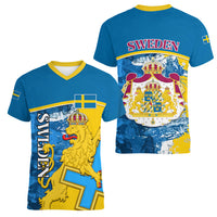 Sweden Women V Neck T Shirt Swedish Lion With Coat Of Arms - Wonder Print Shop