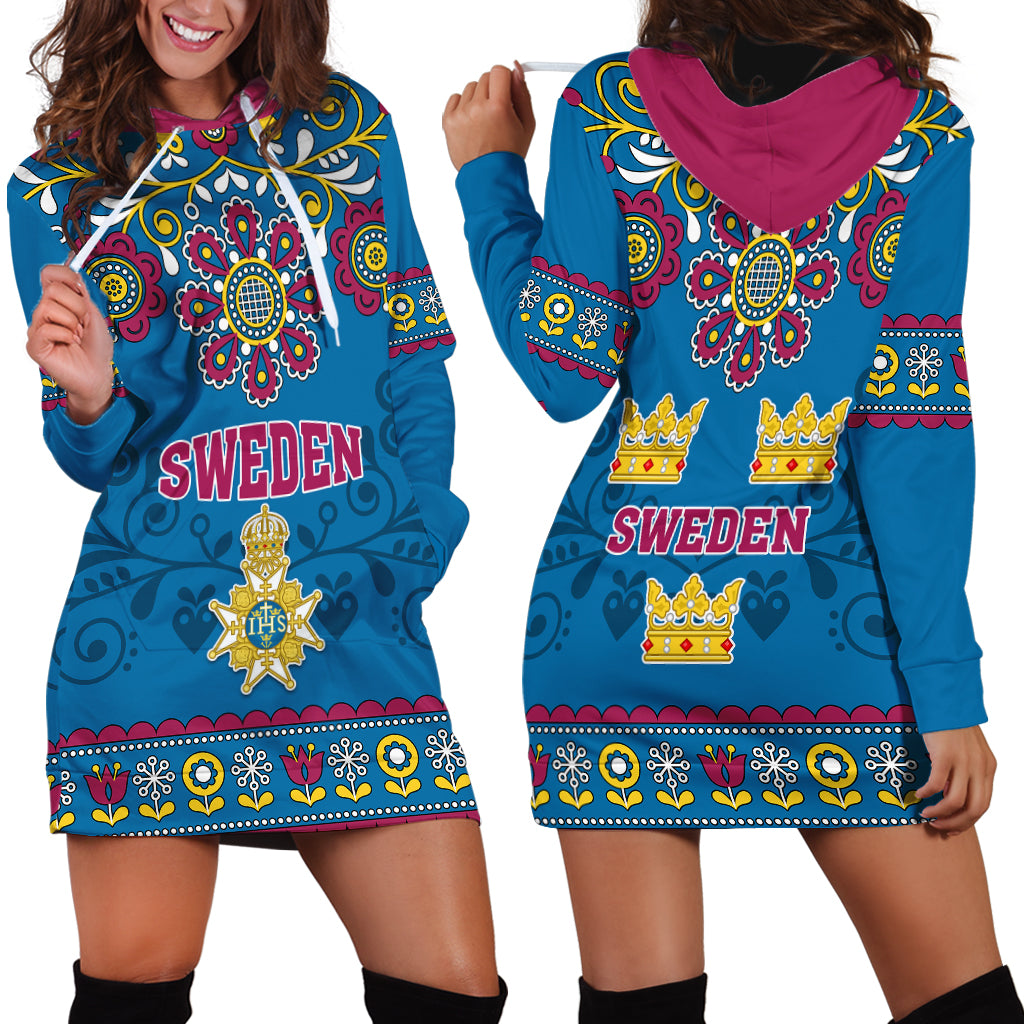 Sweden Hoodie Dress Swedish Three Crown Mix Scandinavian Flowers - Wonder Print Shop