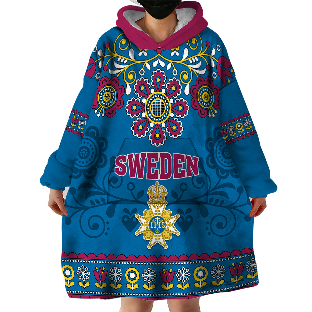Sweden Wearable Blanket Hoodie Swedish Three Crown Mix Scandinavian Flowers - Wonder Print Shop