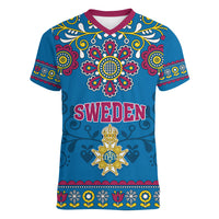 Sweden Women V Neck T Shirt Swedish Three Crown Mix Scandinavian Flowers - Wonder Print Shop