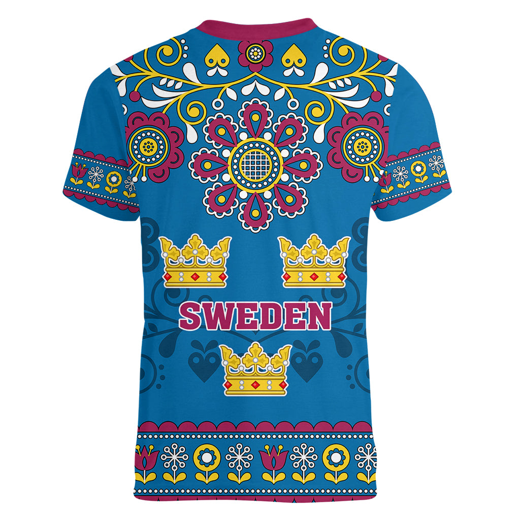 Sweden Women V Neck T Shirt Swedish Three Crown Mix Scandinavian Flowers - Wonder Print Shop