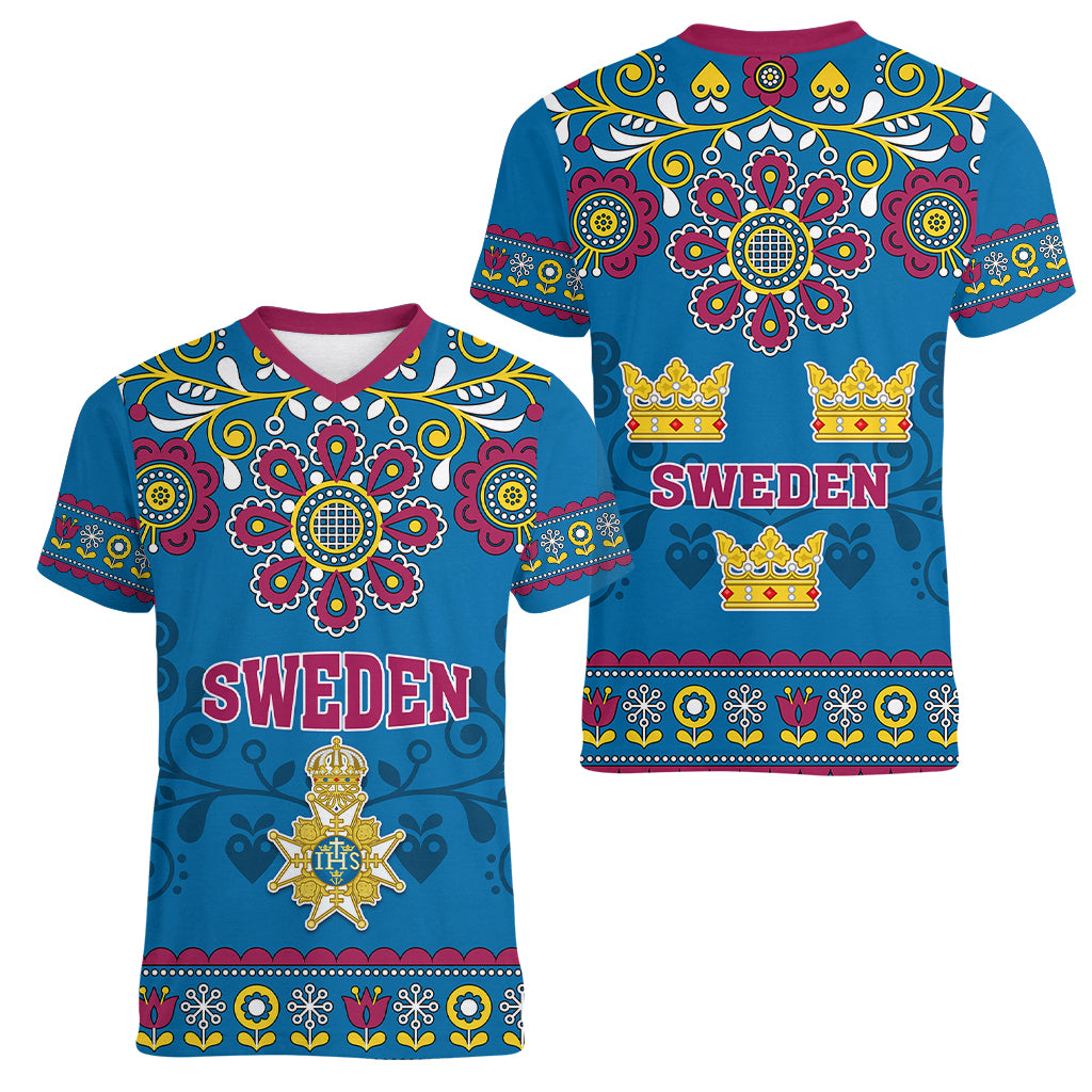 Sweden Women V Neck T Shirt Swedish Three Crown Mix Scandinavian Flowers - Wonder Print Shop