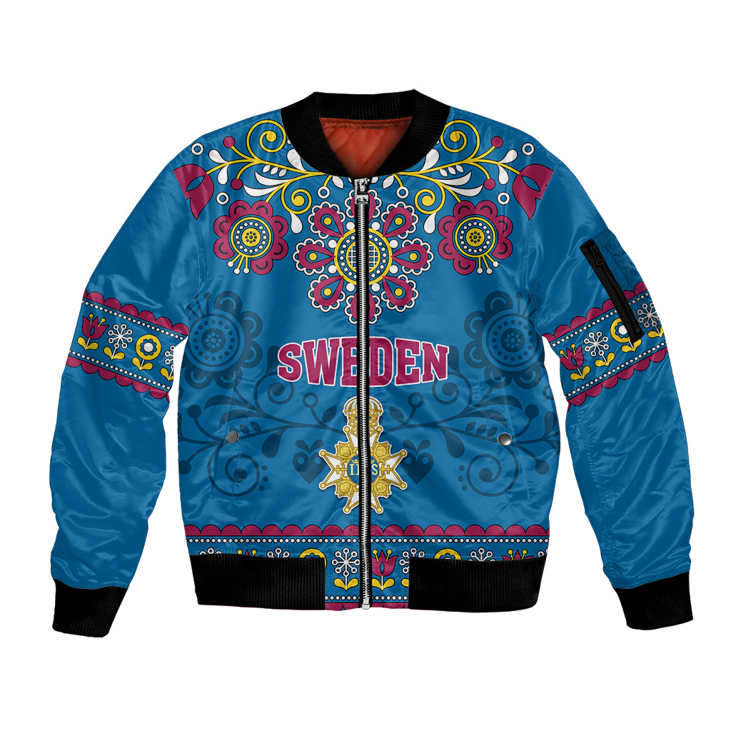 Custom Sweden Sleeve Zip Bomber Jacket Swedish Three Crown Mix Scandinavian Flowers - Wonder Print Shop