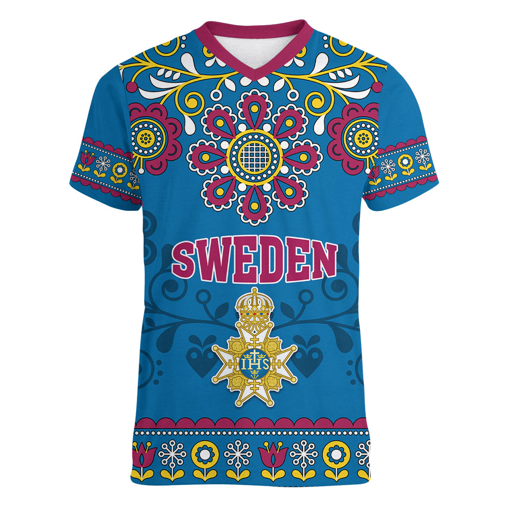 Custom Sweden Women V Neck T Shirt Swedish Three Crown Mix Scandinavian Flowers - Wonder Print Shop