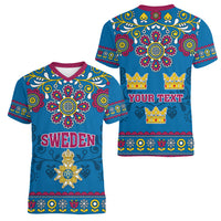 Custom Sweden Women V Neck T Shirt Swedish Three Crown Mix Scandinavian Flowers - Wonder Print Shop