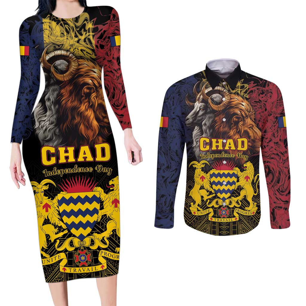 Chad Independence Day 1960 Couples Matching Long Sleeve Bodycon Dress and Long Sleeve Button Shirt Tchad Goat and Lion African Pattern - Wonder Print Shop