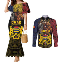 Chad Independence Day 1960 Couples Matching Mermaid Dress and Long Sleeve Button Shirt Tchad Goat and Lion African Pattern