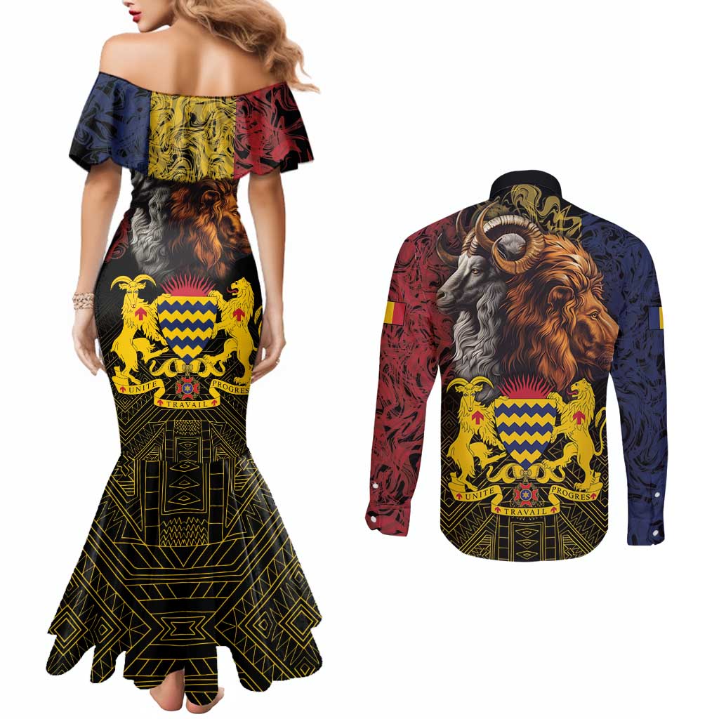 Chad Independence Day 1960 Couples Matching Mermaid Dress and Long Sleeve Button Shirt Tchad Goat and Lion African Pattern