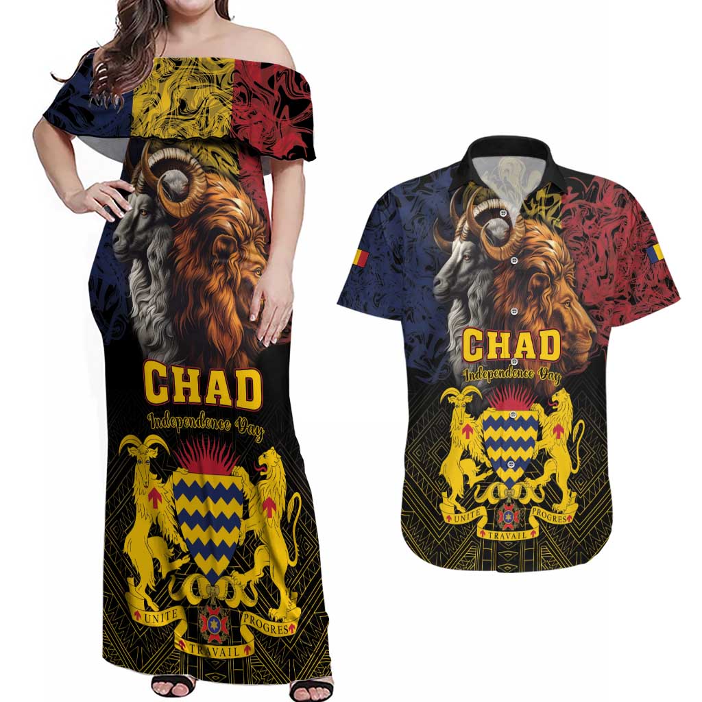Chad Independence Day 1960 Couples Matching Off Shoulder Maxi Dress and Hawaiian Shirt Tchad Goat and Lion African Pattern - Wonder Print Shop