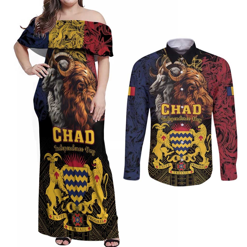 Chad Independence Day 1960 Couples Matching Off Shoulder Maxi Dress and Long Sleeve Button Shirt Tchad Goat and Lion African Pattern - Wonder Print Shop
